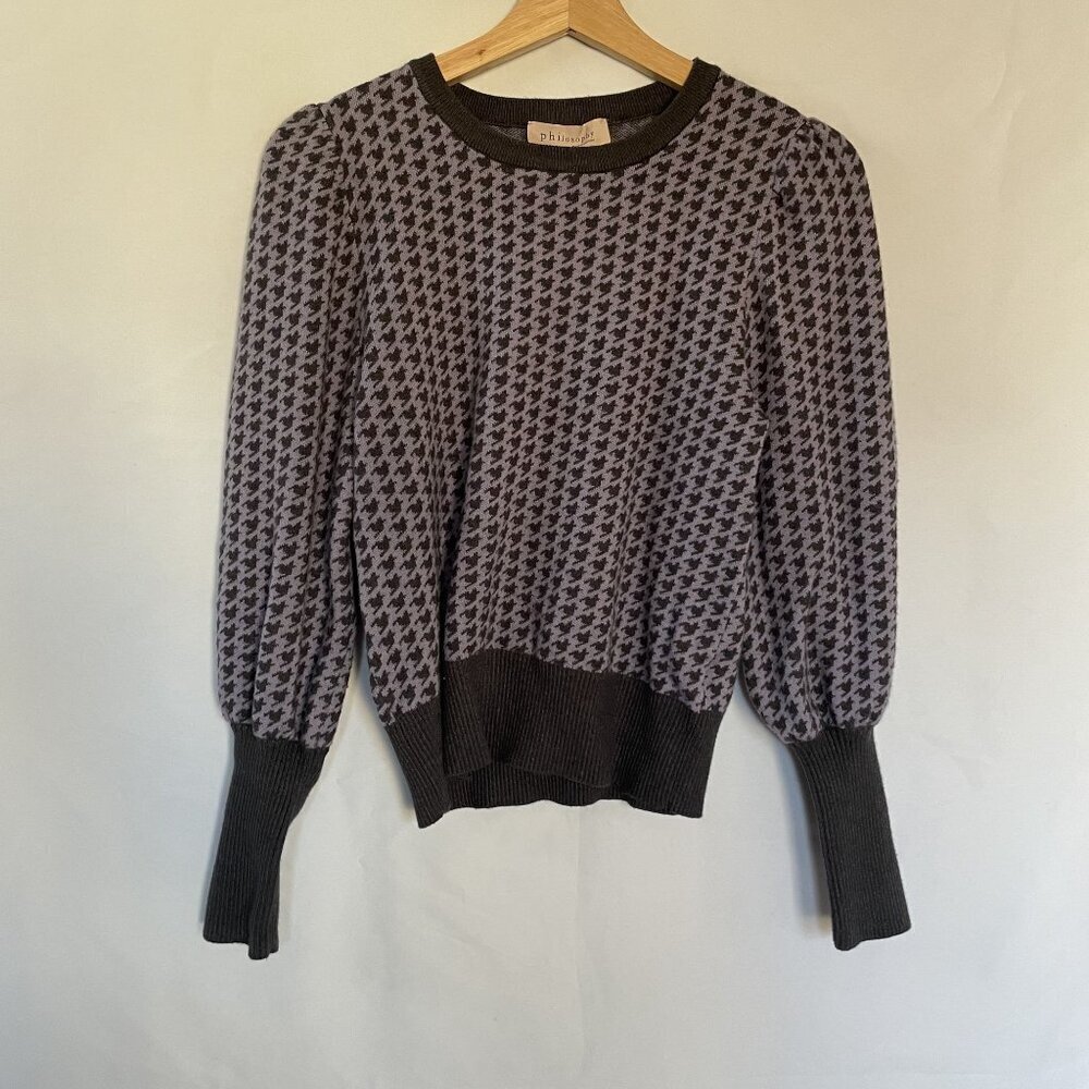 Philosophy‎ Houndstooth Puff Sleeve Sweater Knit Purple Black Gray long sleeves